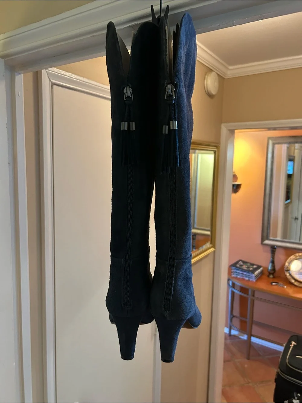 Bandolino Navy Suede Knee-High Boots With Back Fringe Tassels 8M